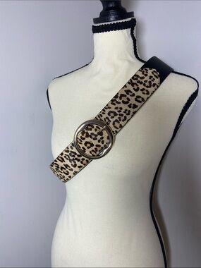 Chico's Leopard Print Wide Belt with Gold Ring Buckle sz M